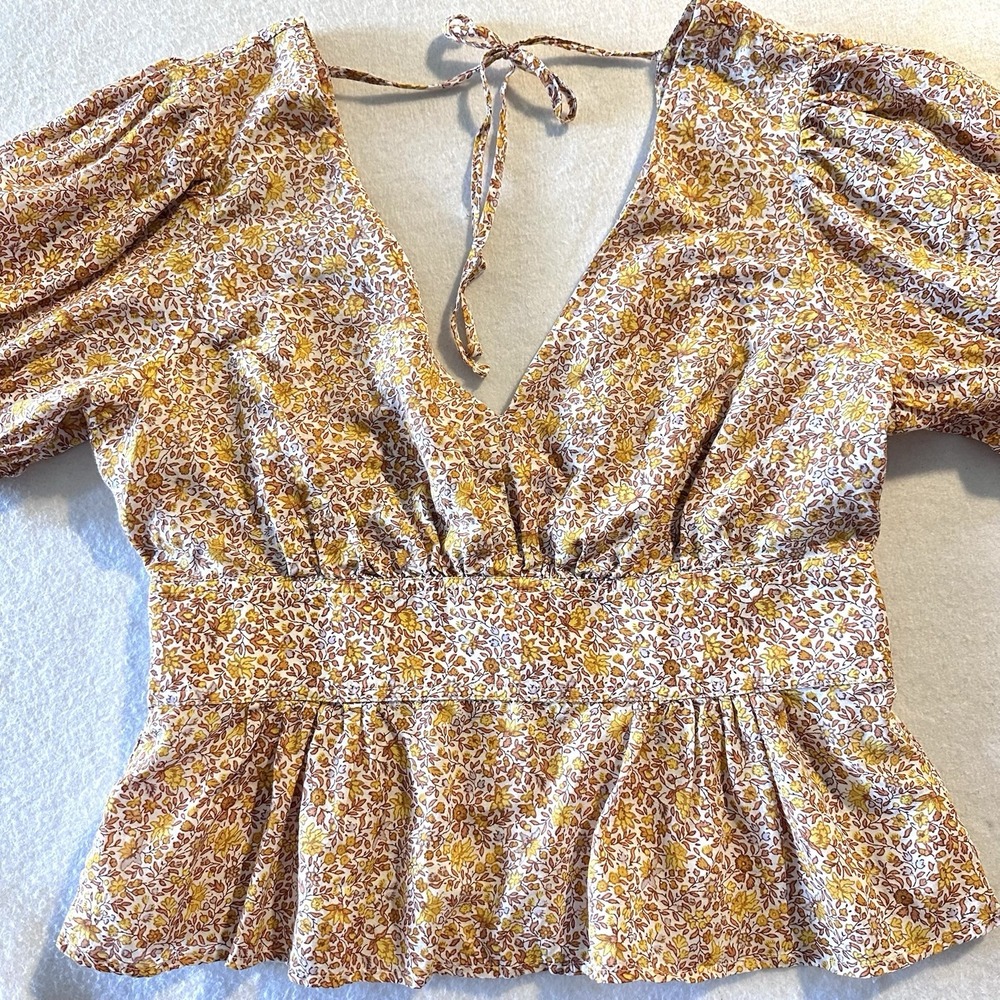 J‎ Crew sz 10 Puff-Sleeve V-Neck Top Yellow Scattered Blooms Floral Print - Picture 2 of 16